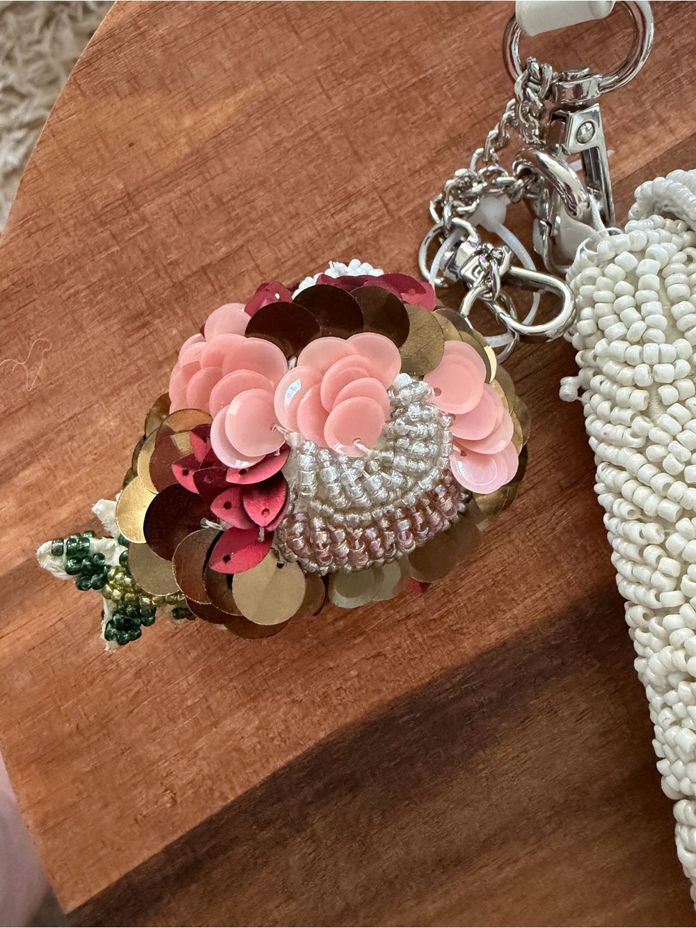 White Hand Beaded Shoulder Bag with Pink & Green Floral Appliqué - Picture 6 of 7